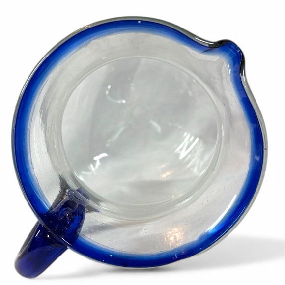 Hand Blown Art Glass Pitcher Cobalt Blue Rim Studio Glass Decor Collectible Vase - Picture 4 of 16